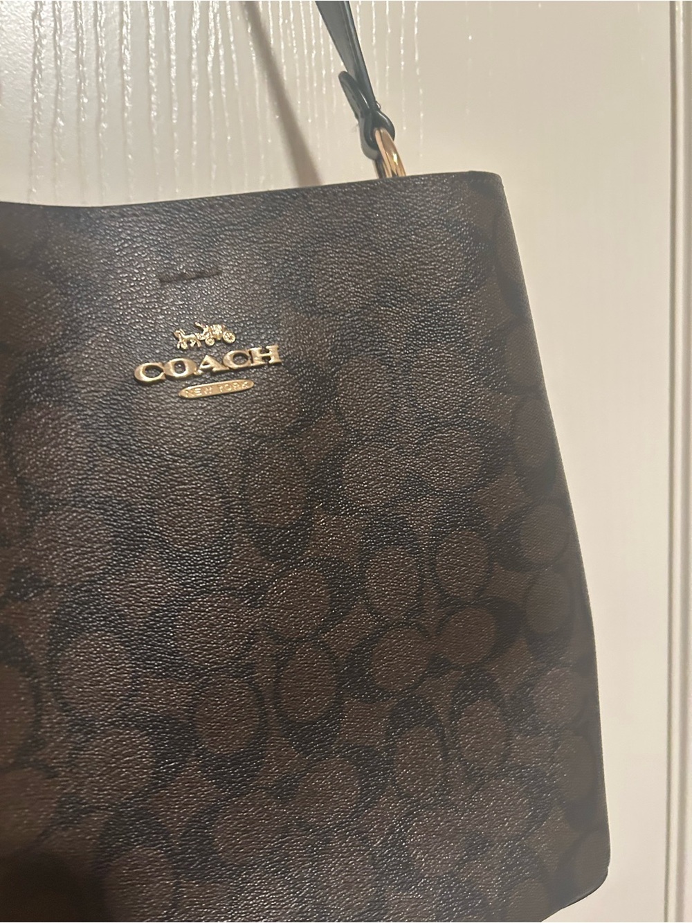 COACH Brown Signature Canvas Tote - Brown/Black bucket purse with wallet